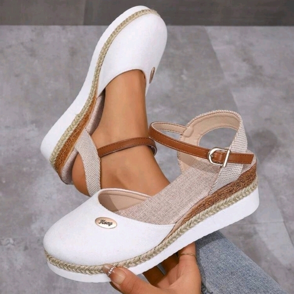 Shoes - Color Block Wedge Heels Lightweight Braided Hollow Out Closed Toe Sandals